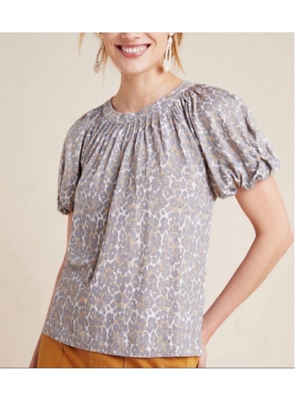 Anthropologie S Maeve Linen Puff Sleeve Leopard Top